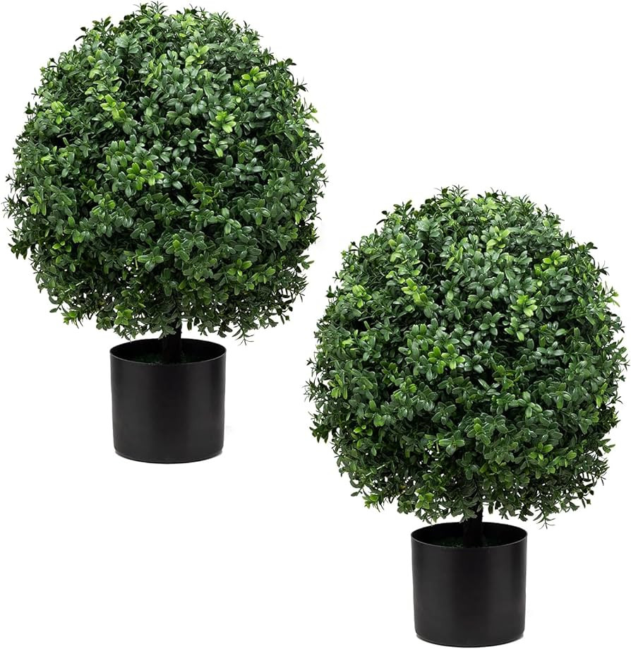 Set of 2 -Pre-Potted Artificial Potted Shrubs UV Resistant,24" Artificial Boxwood Topiary Ball Tr... | Amazon (US)