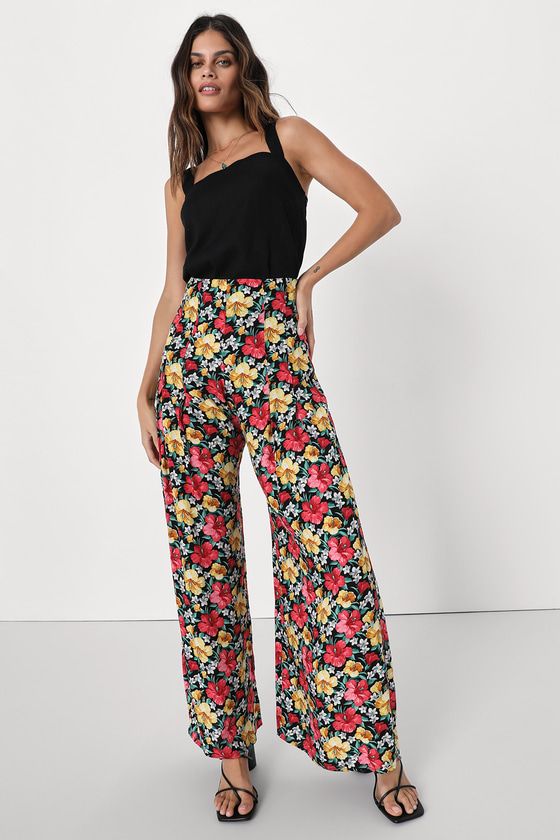 Feeling Vibrant Black Multi Floral Print Wide Leg Pants | Lulus (US)