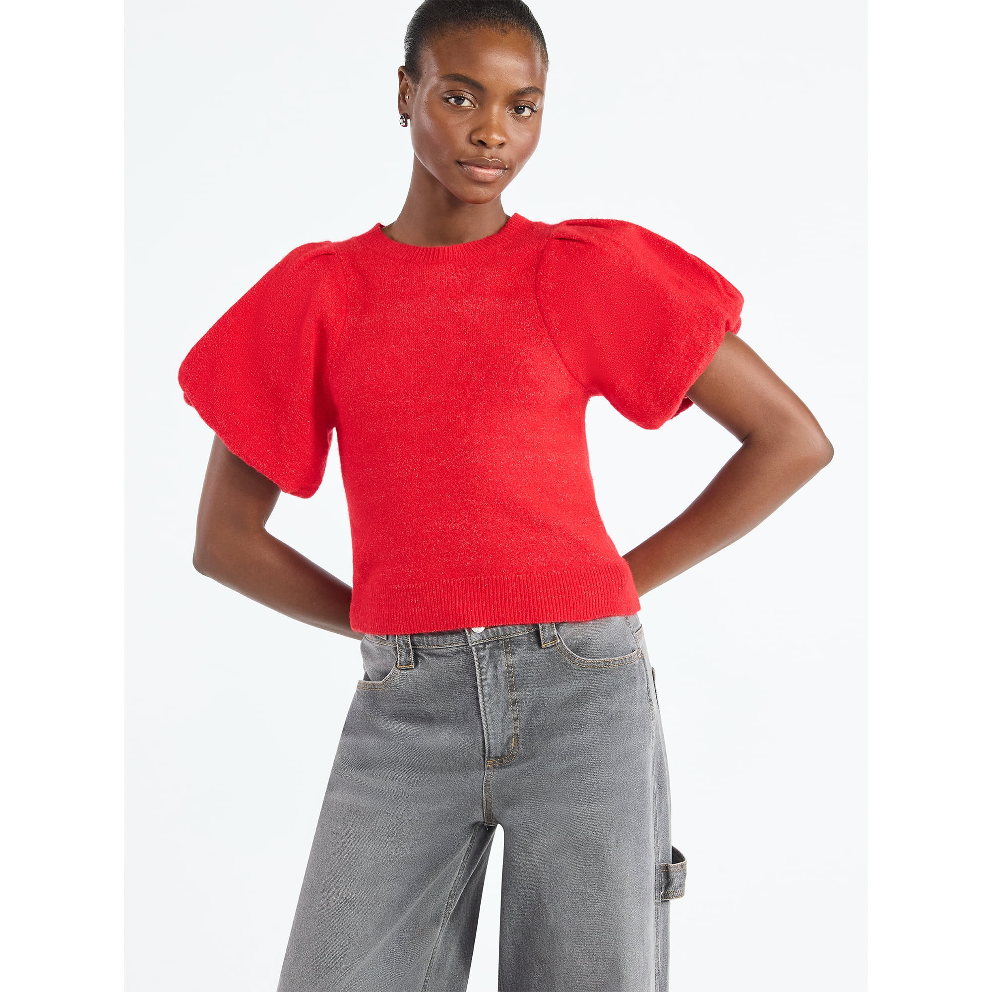 Scoop Women's and Women's Plus Sweater Top with Puff Sleeves, Lightweight, Sizes XS-4X | Walmart (US)