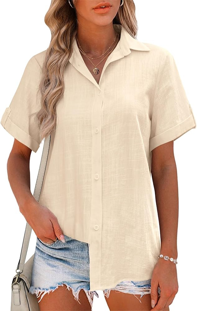 HOTOUCH Linen Button Down Shirt Women Cotton Short Sleeve Blouses V Neck Collared Button Up Summe... | Amazon (US)