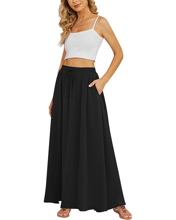Yincro Women's Flowy Maxi Skirt Summer Pleated High Waisted Casual Long Skirts with Pockets | Amazon (US)