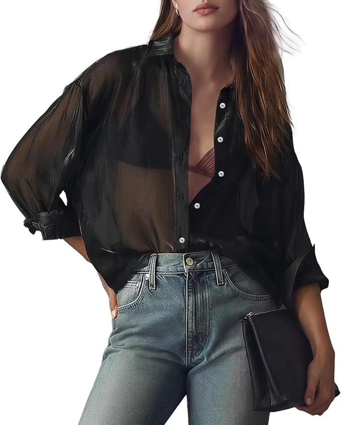 Ainangua Shiny Sheer Top for Women Summer Lightweight Sheer Blouse Sexy See Through Shirts | Amazon (US)