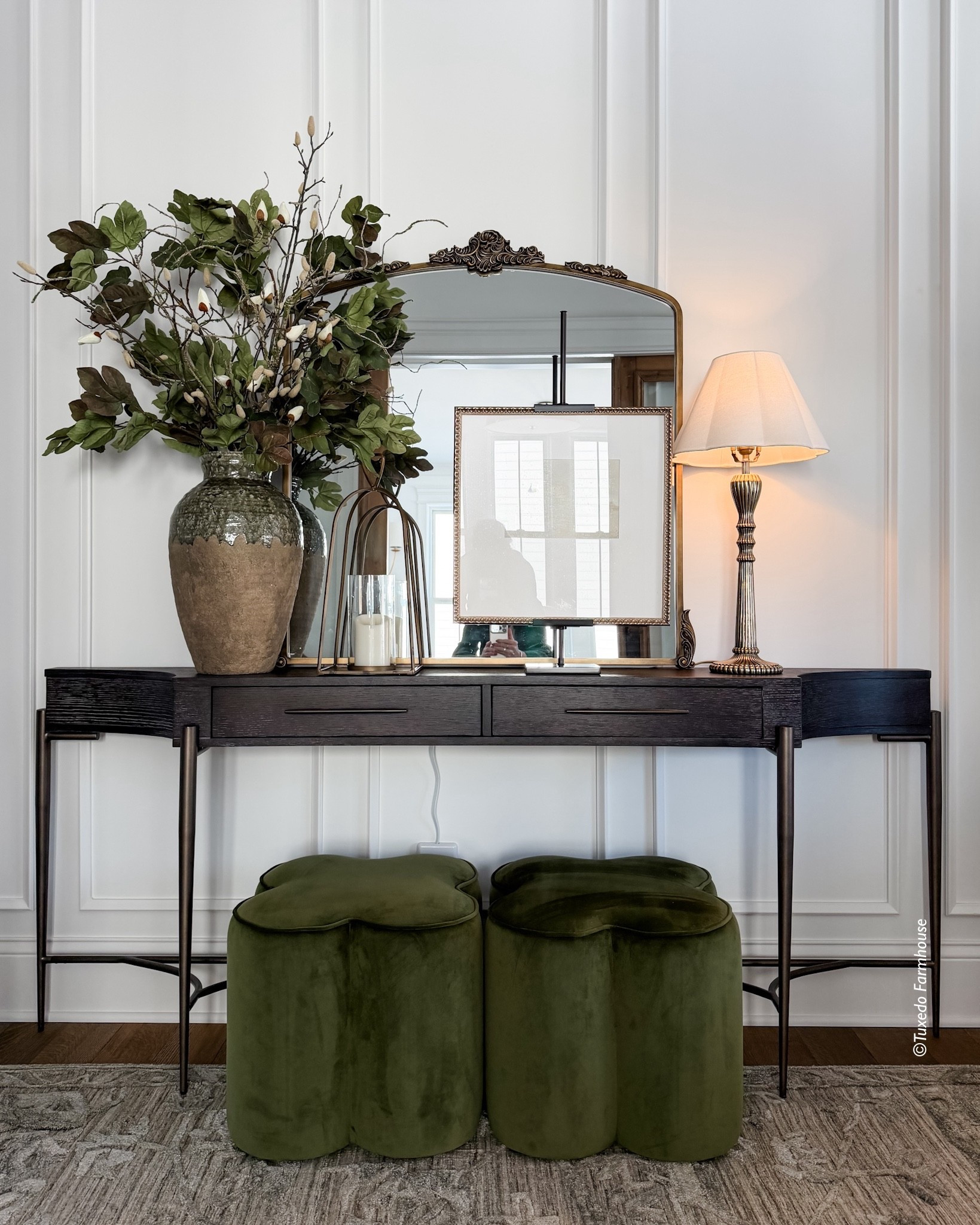 After holiday refresh in my foyer with fig leaf & magnolia bud stems, art, and a candle hurricane. All the rest is this same. A little change goes a long way. My art easel is the smaller size  

#LTKSeasonal #LTKSaleAlert #LTKHome