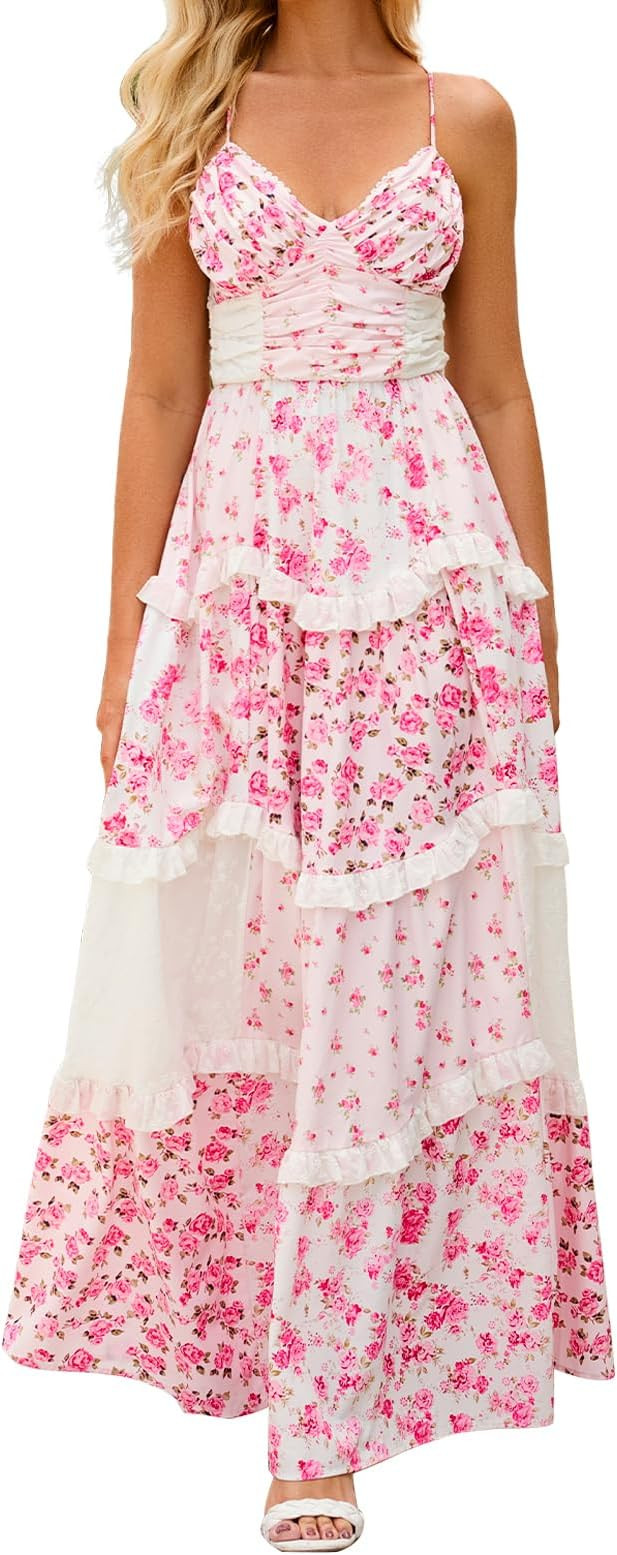 ABYOVRT Women Floral Maxi Dress Spaghetti Straps V Neck Patchwork Flowy Boho Sundress Tiered Long... | Amazon (US)