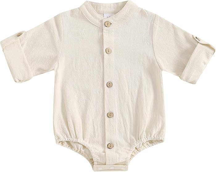 Karuedoo Newborn Baby Boy Clothes Cotton Linen Shirt Bodysuit Button Up Roll Up Long Sleeve Rompe... | Amazon (US)