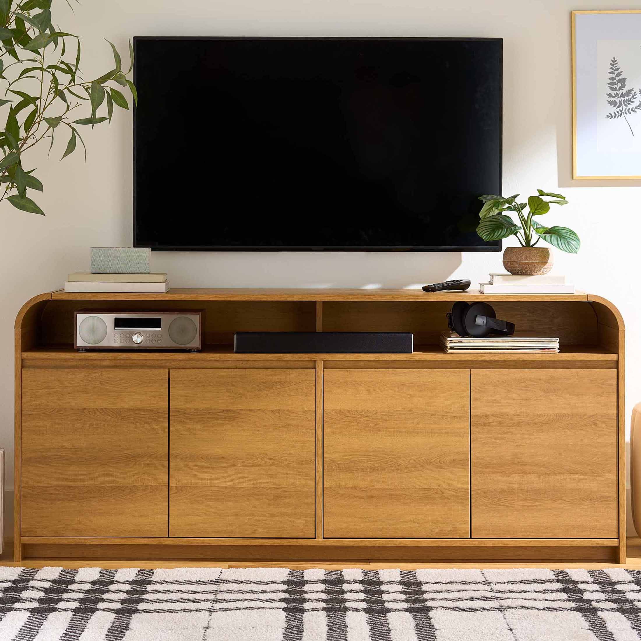 Better Homes & Gardens Juliet Curved TV Stand for TVs up to 75”, Light Honey Finish | Walmart (US)