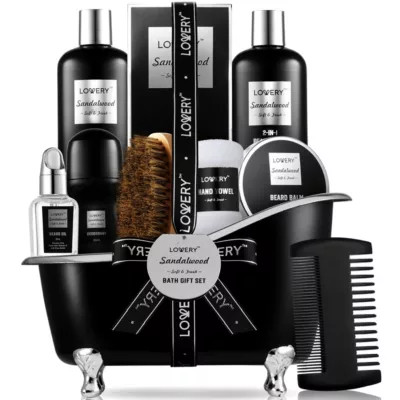 Lovery Deluxe Sandalwood Self Care Grooming Beard Kit, 10pc Bath and Body Relaxing Set, Black | Belk
