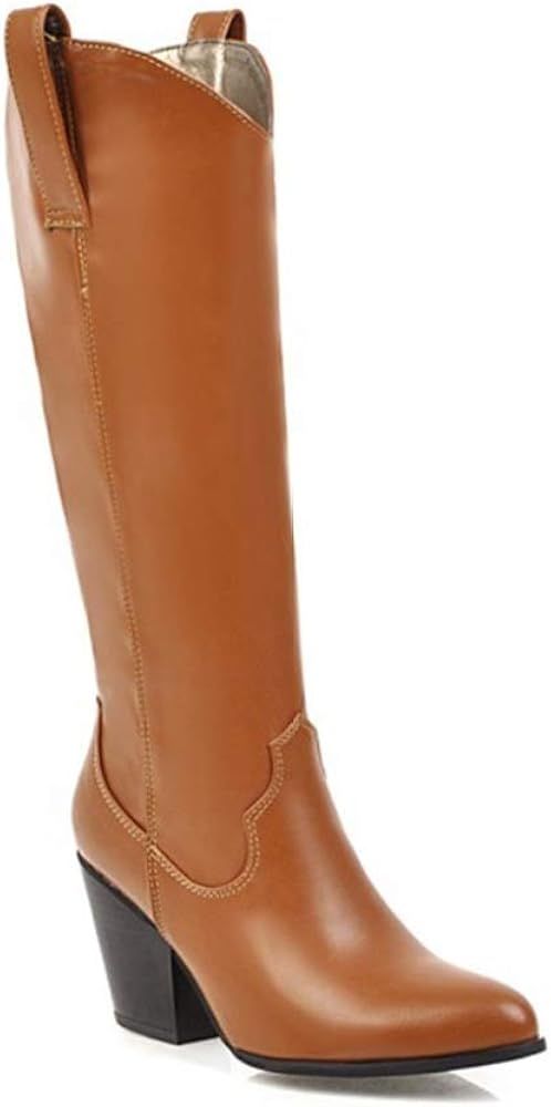 Women's Western Pointed Toe Knee High Boots Pull on Leather Chunky High Heel Cowgirl Cowboy Boots | Amazon (US)