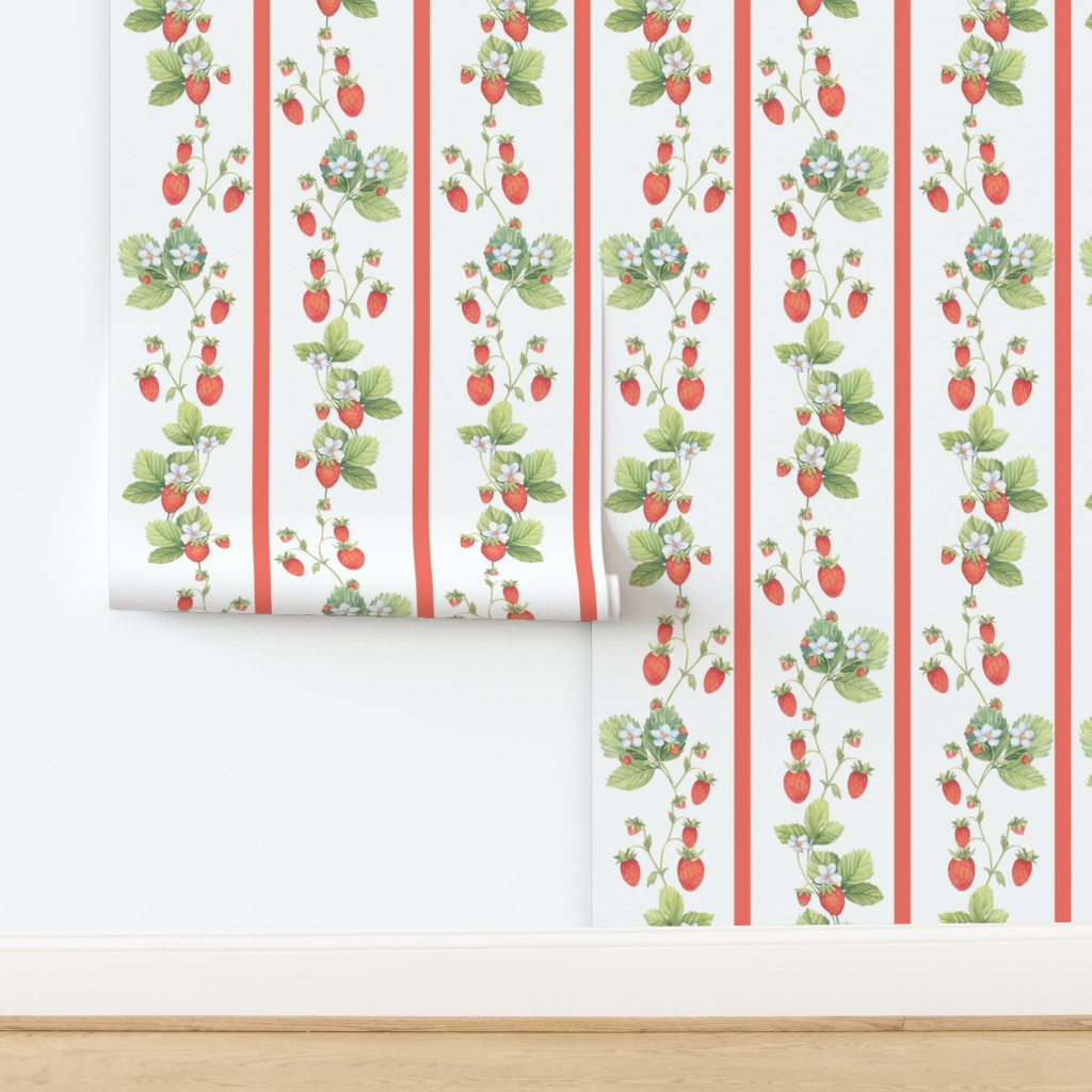 9" Antique Watercolor Strawberry Flower Meadow- Vintage Strawberries with red stripes | Spoonflower