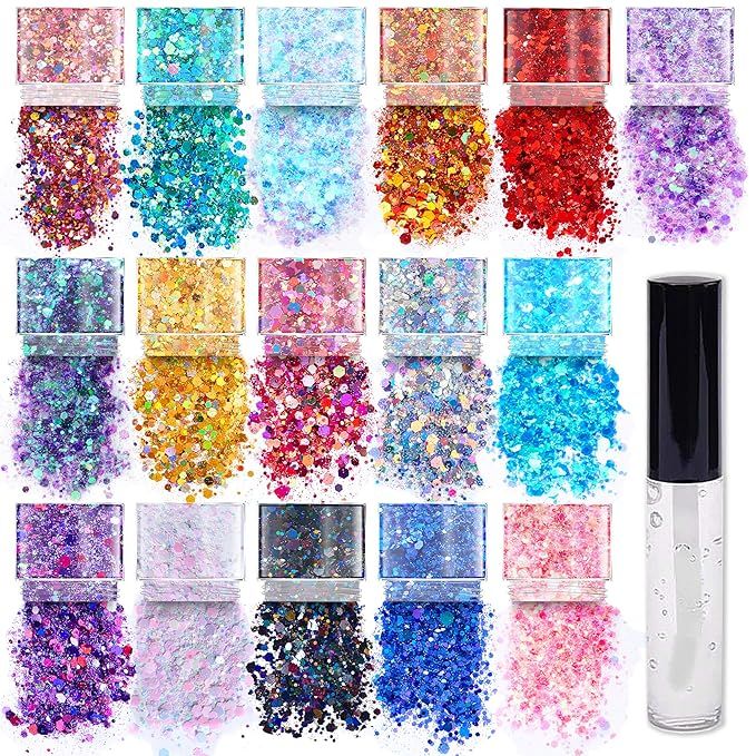 Chunky Cosmetic Holographic Glitter I Body, Face & Hair Safe I 16 Pack + 1 Glitter Glue | Amazon (US)