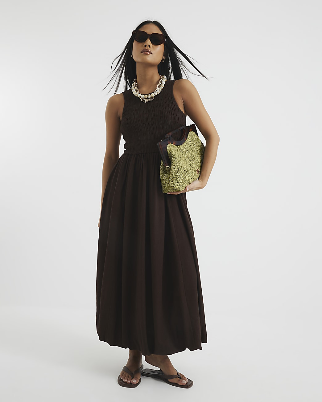 Petite Brown Bubble Hem Midi Dress | River Island UK & IE