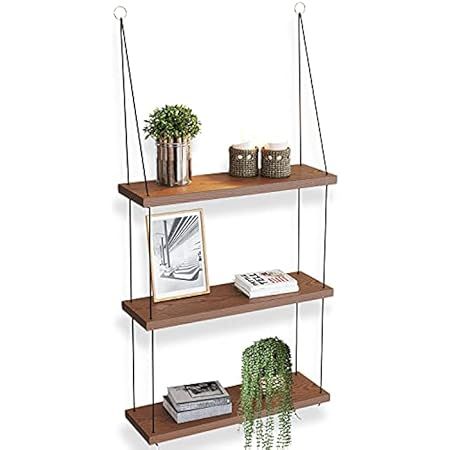 Greenco Decorative Rustic Jute Rope Wall Hanging Floating Shelves, Distressed Wood, 3 Tier | Amazon (US)