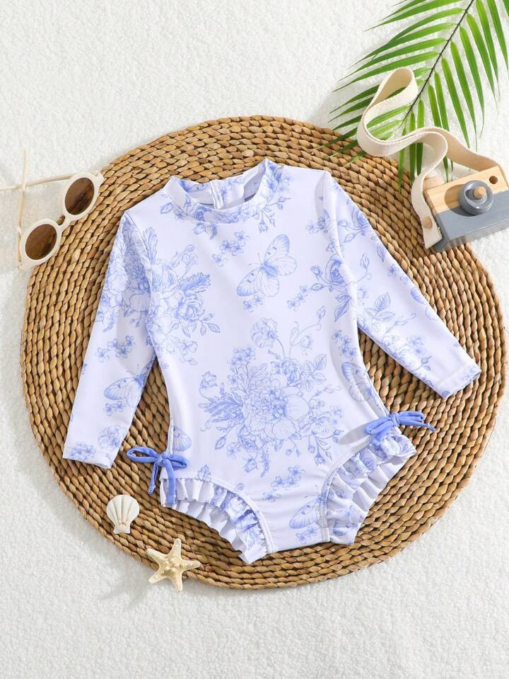 Traje De Baño De Una Pieza Para Bebé Niña Con Estampado De Animales Y Plantas, Con Mangas Largas Y Cierre De Cremallera Trasera Para Playa En Verano | SHEIN