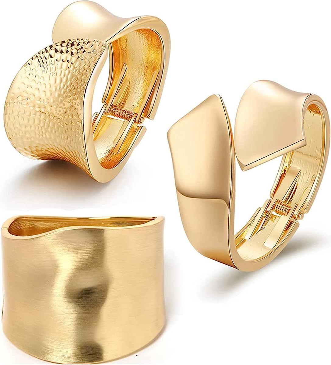 SAMOCO 3Pcs 18K Gold Plating Bangles Bracelets for Women Chunky Polished-Finish Wrist Cuff Wrap H... | Amazon (US)