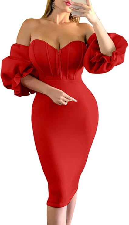 Memoriesea Women's Sexy Off Shoulder Bodycon Lantern Sleeve Front Hook Midi Party Dress       Add... | Amazon (US)