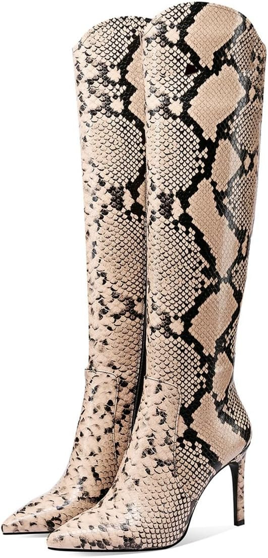 JANSEVEN Snakeskin Knee High Boots for Women Snake Skin Tall Boot with Stiletto High Heel Python Print Pointed Toe Fashion Boots Side Zipper | Amazon (US)