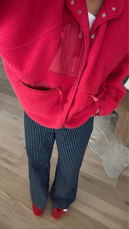 Red details ❤️ I have this red fleece jacket in multiple colors - it’s the perfect lightweight spring layer 

Spring outfit, pinstripe pants, cotton on pants, wide leg pants, work pants, free people jacket, fleece jacket, adidas gazelle, red adidas, casual outfit, mom outfit, Christine Andrew 

#LTKfindsunder100 #LTKSeasonal #LTKstyletip