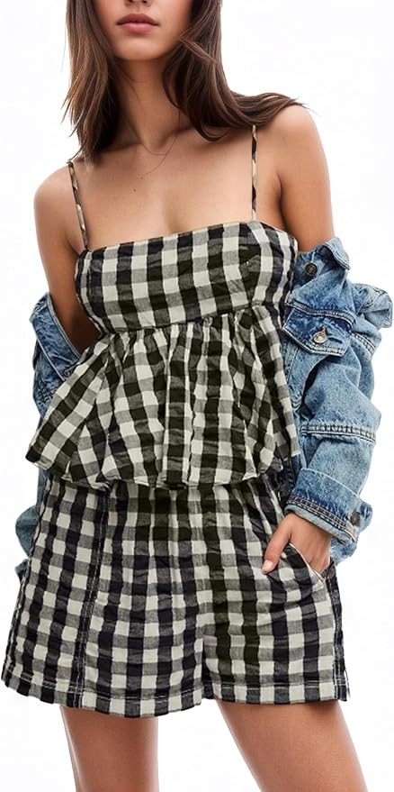 Gingham 2 Piece Lounge Sets For Women Plaid Sleeveless Peplum Crop Tank Tops Boxer Shorts Sets Ma... | Amazon (US)