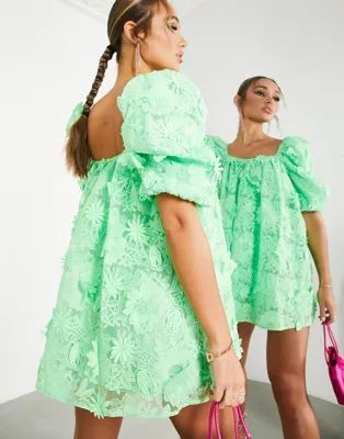 ASOS EDITION 3d floral mini dress with puff sleeve in bright green | ASOS (Global)