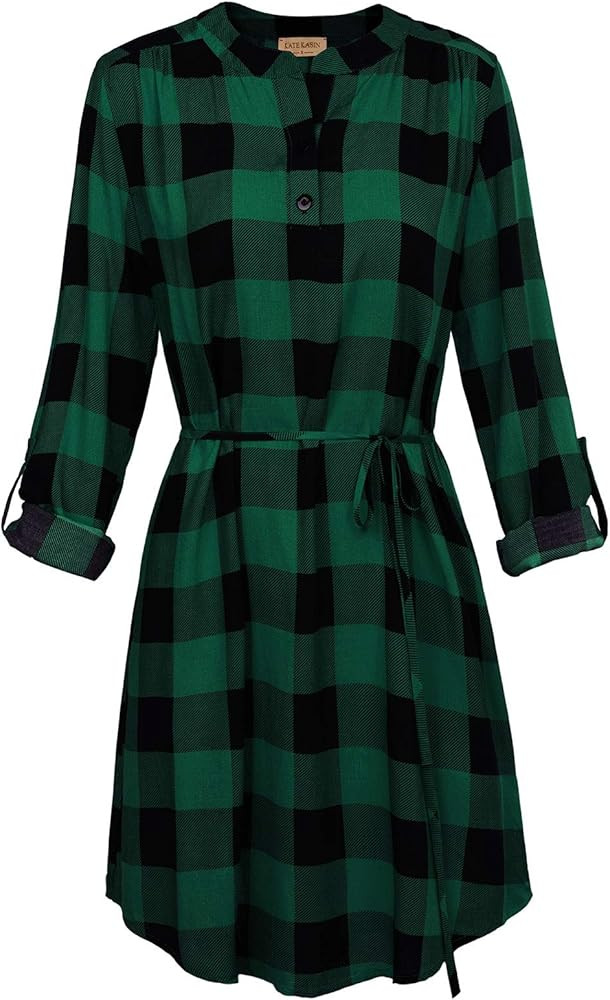 Kate Kasin Women Roll Up Sleeve Casual Tunic Mini Plaid T Shirt Dresses KKAF1057 | Amazon (US)