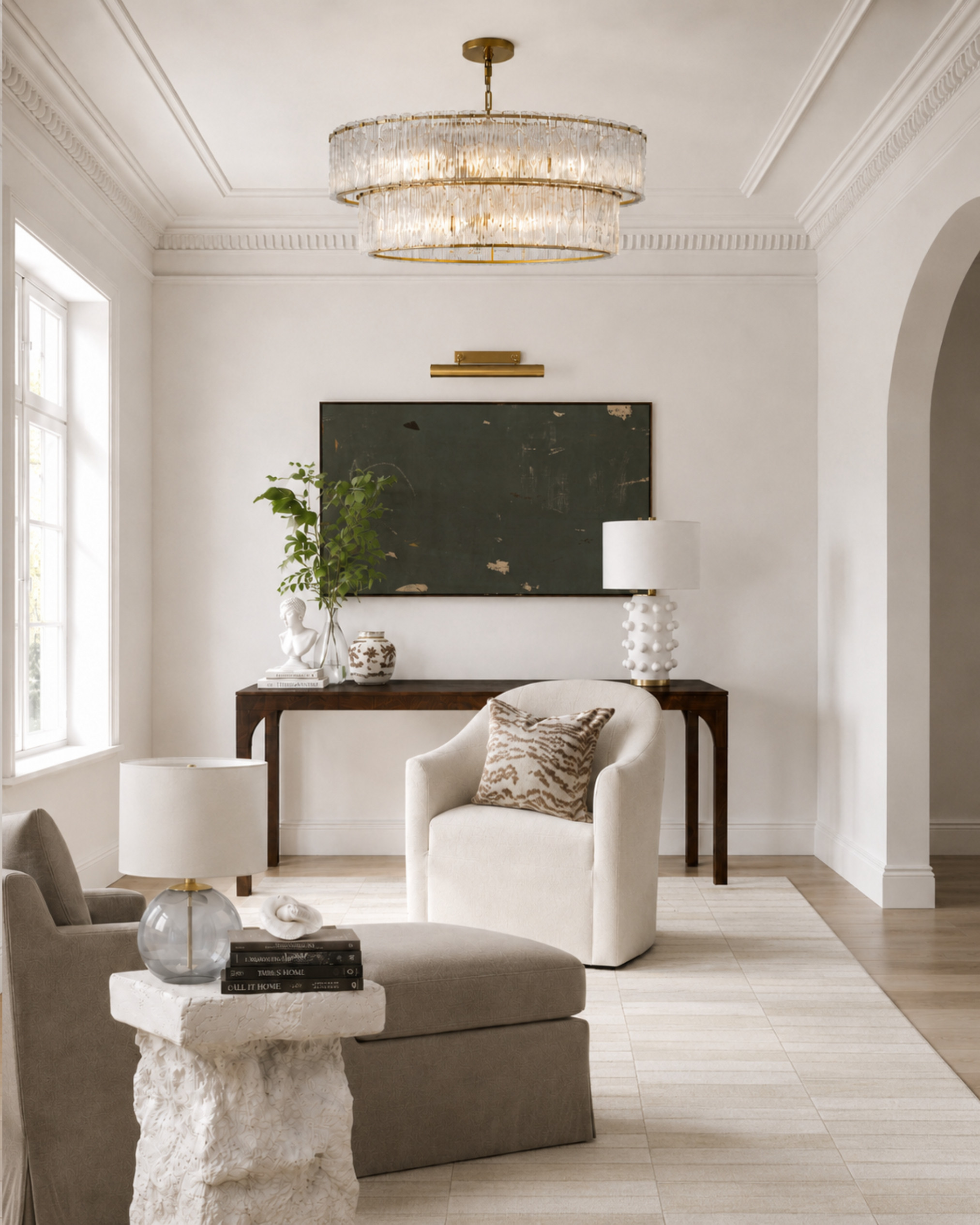 This is the kind of space that proves neutrals never have to feel boring. ✨

The layered textures, warm woods, oversized chandelier, and soft sculptural furniture make this feel elevated without trying too hard. I especially love how the darker artwork grounds all the lighter tones and adds just enough contrast.

Saving every piece in this room immediately — from the boucle swivel chair to the statement lighting and textured stone side table. The mix feels classic, calm, and expensive in the best way. 

 #LTKHome