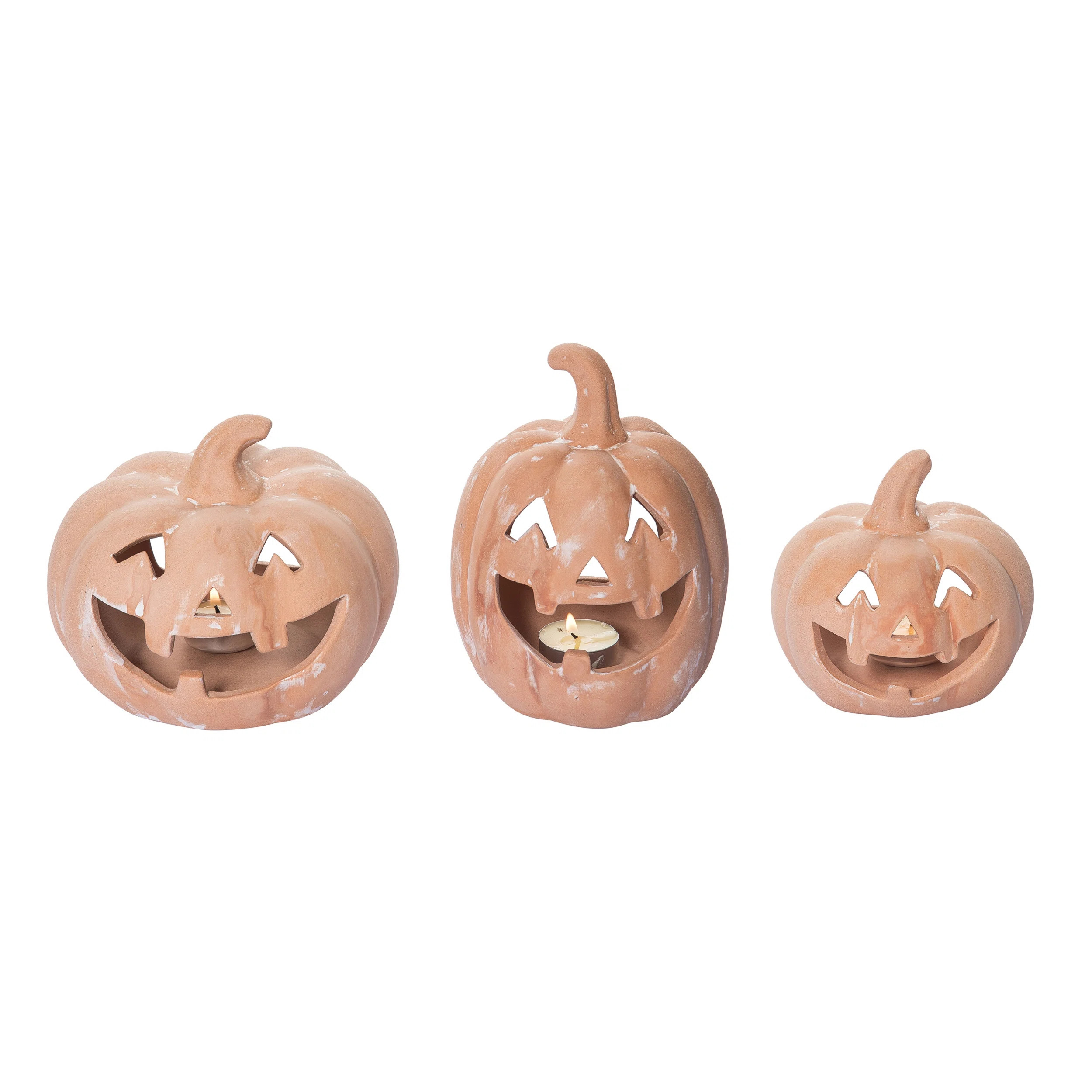 Ophelia & Co. Ceramic 6.5 in. Orange Halloween Pumpkin Candle Holder Set of 3 | Wayfair North America