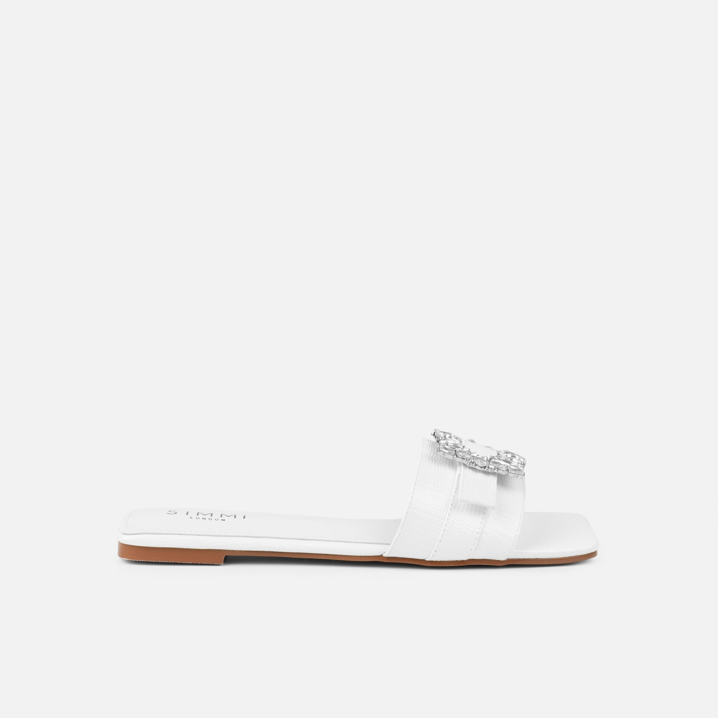 Cyra White Faux Lizard Effect Diamante Flat Sandals | Simmi Shoes