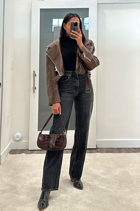 Capsule Wardrobe: Brown Edition🤎 spring outfit, winter outfit, brown leather jacket, grey denim, black denim, turtleneck outfit, black booties, cowboy boots, casual everyday style, casual outfit, ootd, coffee date outfit, capsule wardrobee 

#LTKworkwear #LTKshoecrush