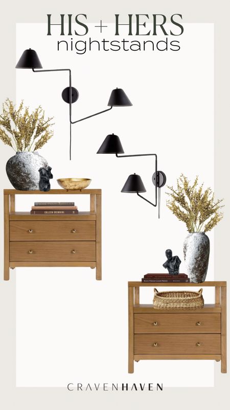His and hers nightstand styling! Plug in sconces save so much valuable nightstand real estate and don’t require an electrician. These nightstands are actually a steal for the size - and come in different finishes. Styling accessories are very affordable from LCO, Target and Amazon!

#LTKhome #LTKfindsunder100 #LTKfindsunder50