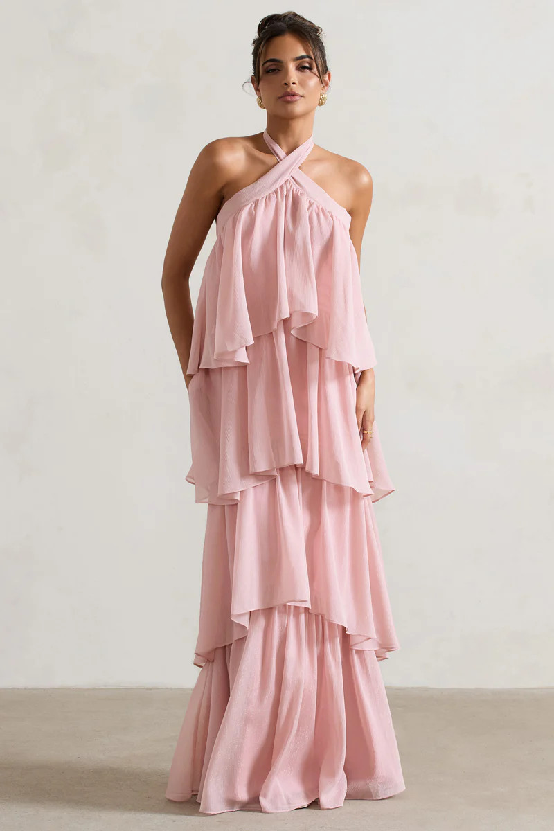 Kassiah | Light Pink Halter-Neck Ruffle Maxi Dress | Club L London