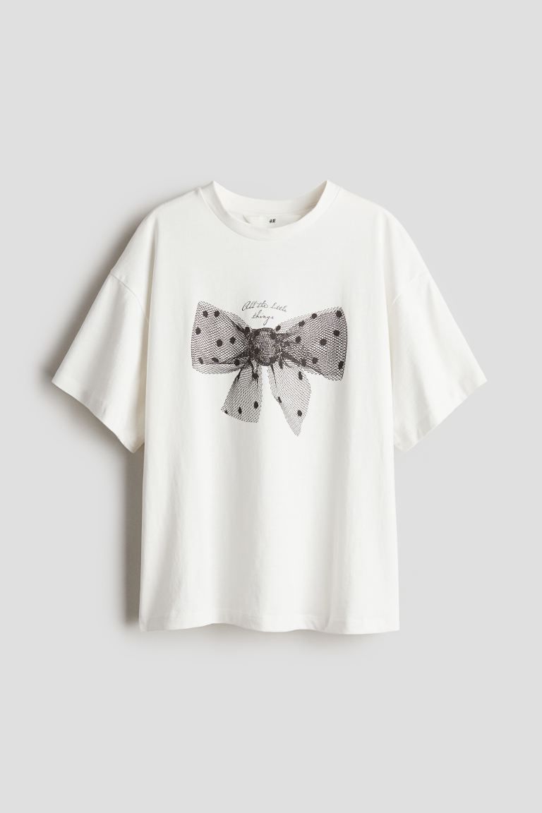 Oversized T-shirt with Printed Motif - Round Neck - Short sleeve - White/bow - Kids | H&M US | H&M (US + CA)