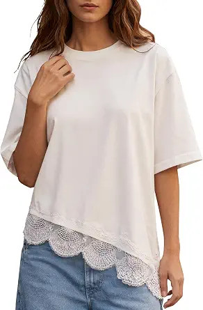 Byinns Women's Summer Tops 2026 Oversized Lace Trim T Shirts Casual Loose Half Sleeve Asymmetrica... | Amazon (US)