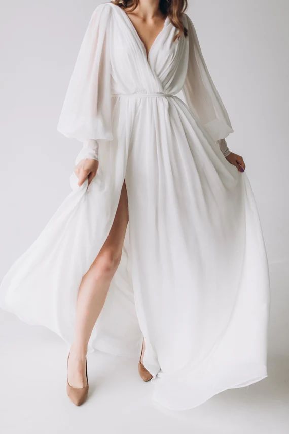 Bridal Simple Wedding Chiffon Dress Long Sleeve  Bohemian | Etsy | Etsy (US)