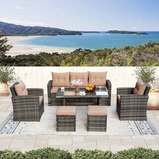 Freely Combinable Brown 6-Piece Hand-Woven PE Wicker and Anti-rust Steel Frame Outdoor Dining Set with Brown Cushion | The Home Depot