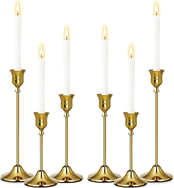 Gold Candlestick Holders Set of 6, Weighted, Metal Taper Candle Stick Holders, Vintage Christmas ... | Amazon (US)