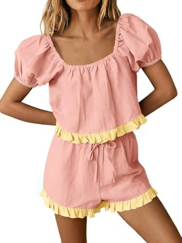 Tankaneo Womens 2 Piece Short Sets Summer Puff Sleeve Square Neck Babydoll Tops Cute Lounge Set C... | Amazon (US)