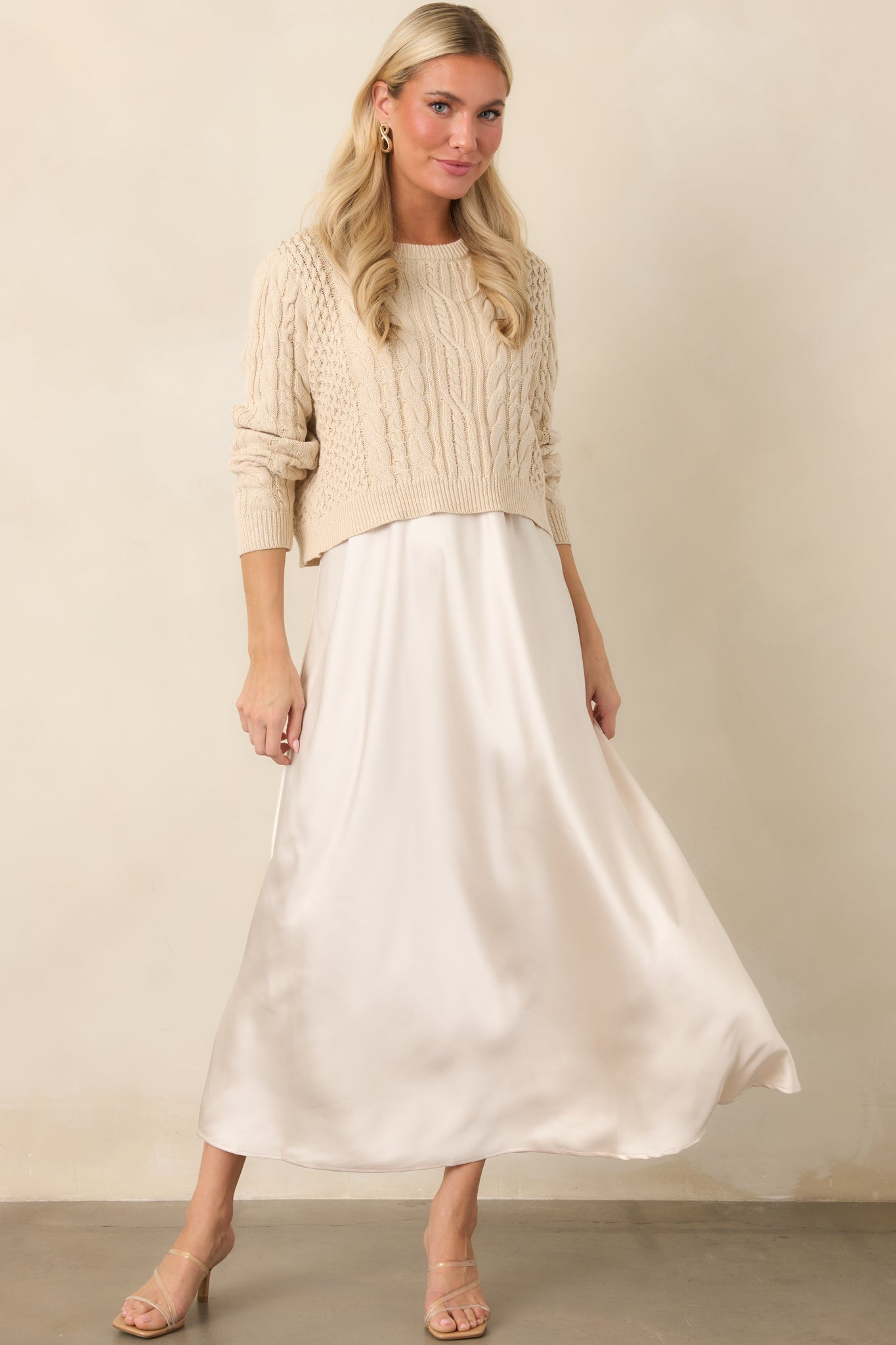 The Perfect Pairing Champagne Cable Knit Sweater & Satin Maxi Dress Set | Red Dress