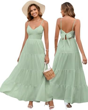 HTZMO Women Casual Summer Floral Maxi Sundress V Neck Spaghetti Strap Bow Tie Backless Flowy Boho... | Amazon (US)