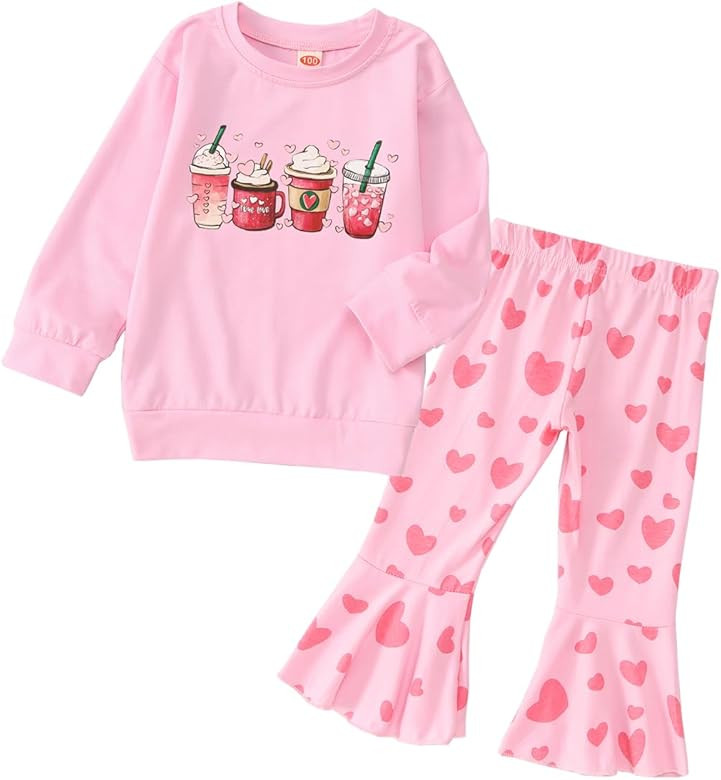 CM C&M WODRO Toddler Baby Girl Valentine's Day Outfit Love Coffee Print Sweatshirt Heart Print Fl... | Amazon (US)
