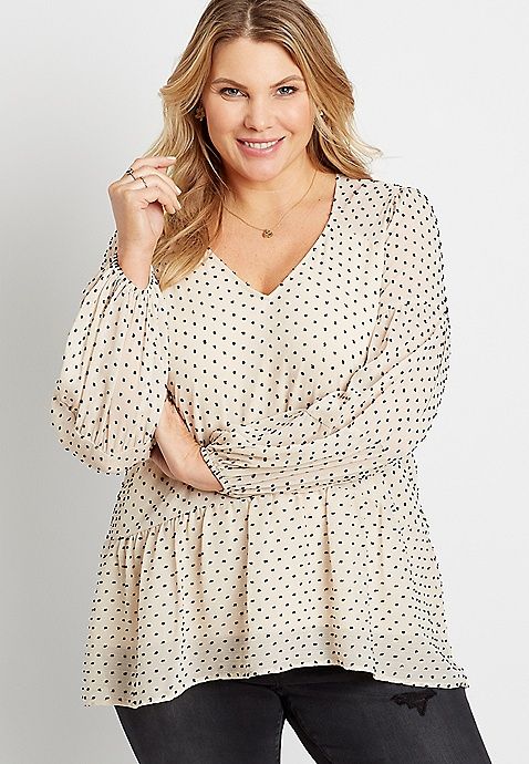 Plus Size White Swiss Dot Long Sleeve Babydoll Top | Maurices