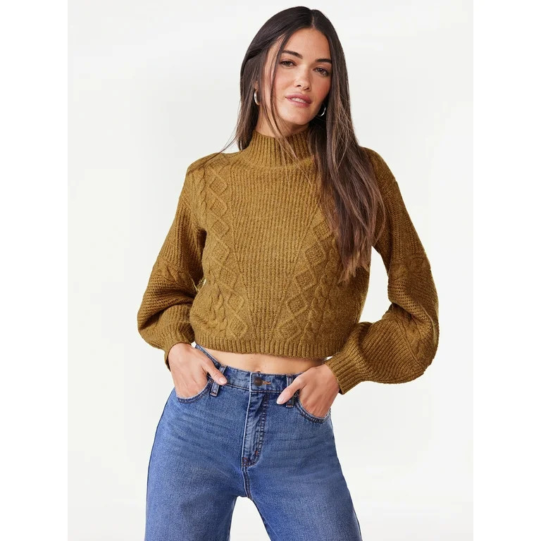 Scoop Women's Crop Cable Pullover Sweater with Long Sculpted Sleeves, Sizes XS-XXL - Walmart.com | Walmart (US)