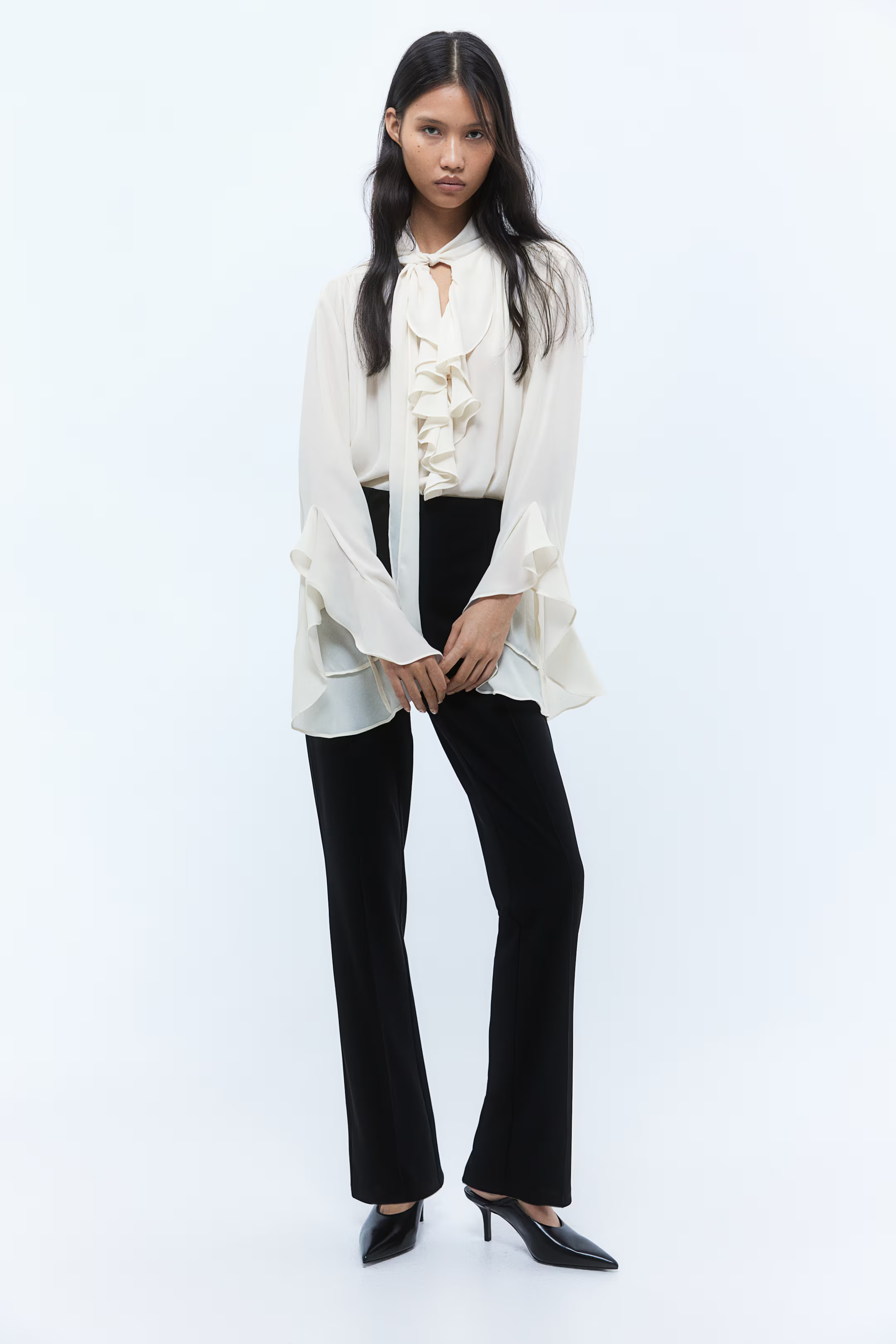 Flounce-Trimmed Tie-Neck Blouse - Cream - Ladies | H&M US | H&M (US + CA)