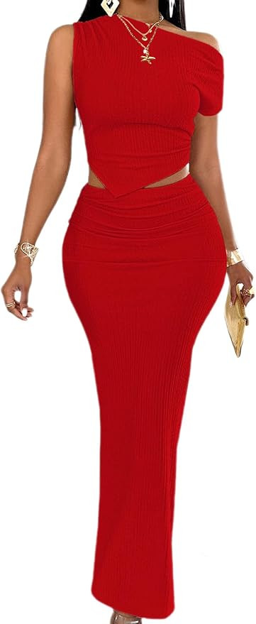 BARASA Two Piece Sets For Women Summer One Shoulder Tops Bodycon Maxi Skirt Set Vacation Sexy Out... | Amazon (US)