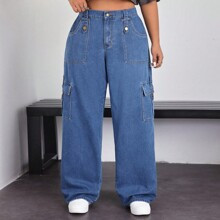 Plus Size Women Cargo Pocket Wide Leg Loose Casual Jeans | SHEIN