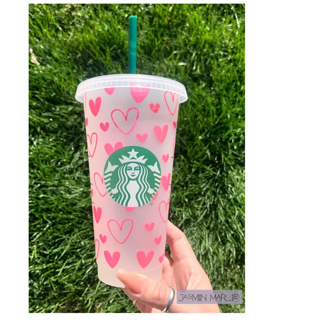 Personalized 24oz Starbucks Cold Cup, Valentine's day Gift for Her, Holographic Pink Hearts, Fuch... | Etsy (US)