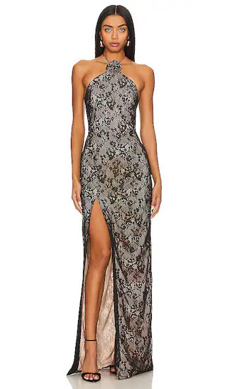 X REVOLVE Sandy Gown in Black Lace Gown Lace Dress Long Lace Maxi Dress Rosette Dress | Revolve Clothing (Global)