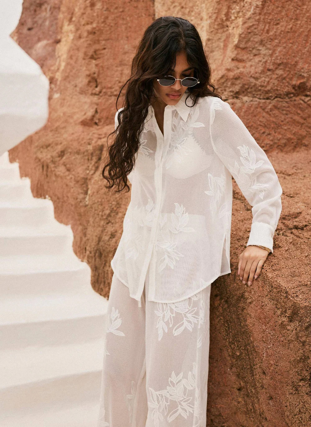 White Floral Detail Mesh Shirt | Mint Velvet