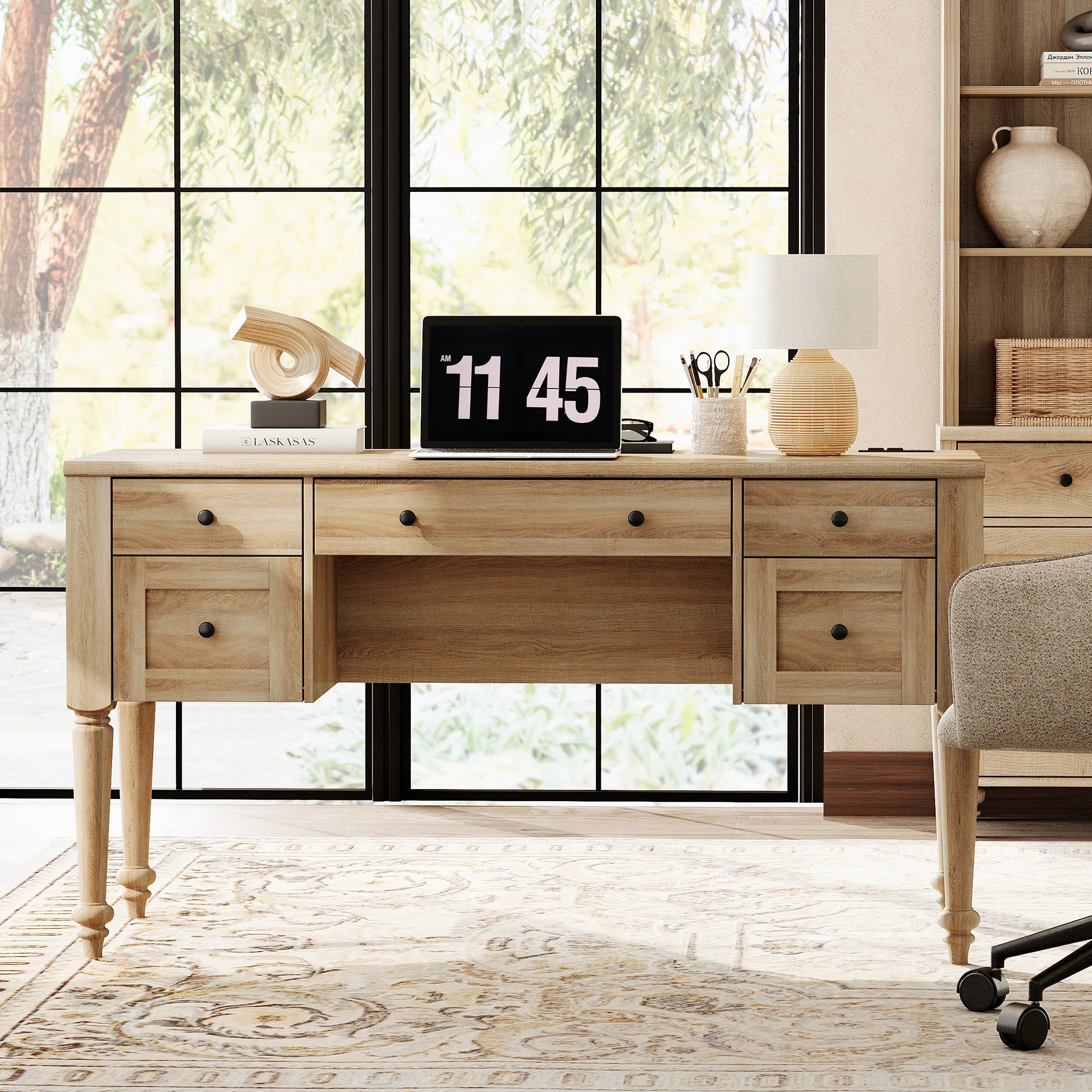 Scarlett Farmhouse 56'' Executive Desk With 5 Drawers, Home Office Desks With Charging Station, W... | Wayfair North America