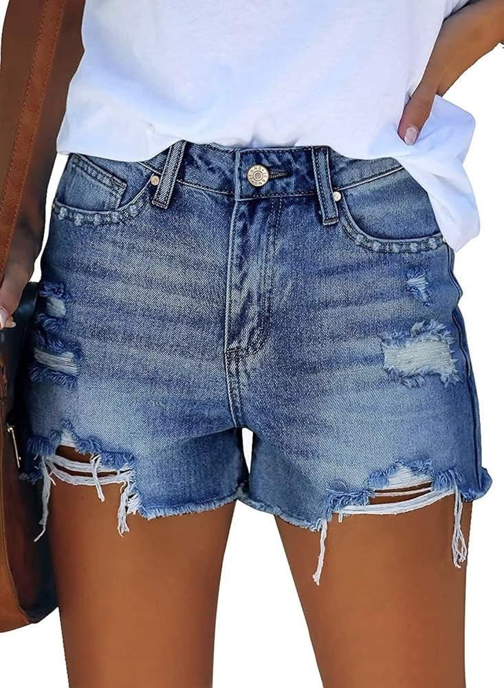 MINGALONDON Women's Denim Shorts Mid Waist Ripped Distressed | Amazon (US)