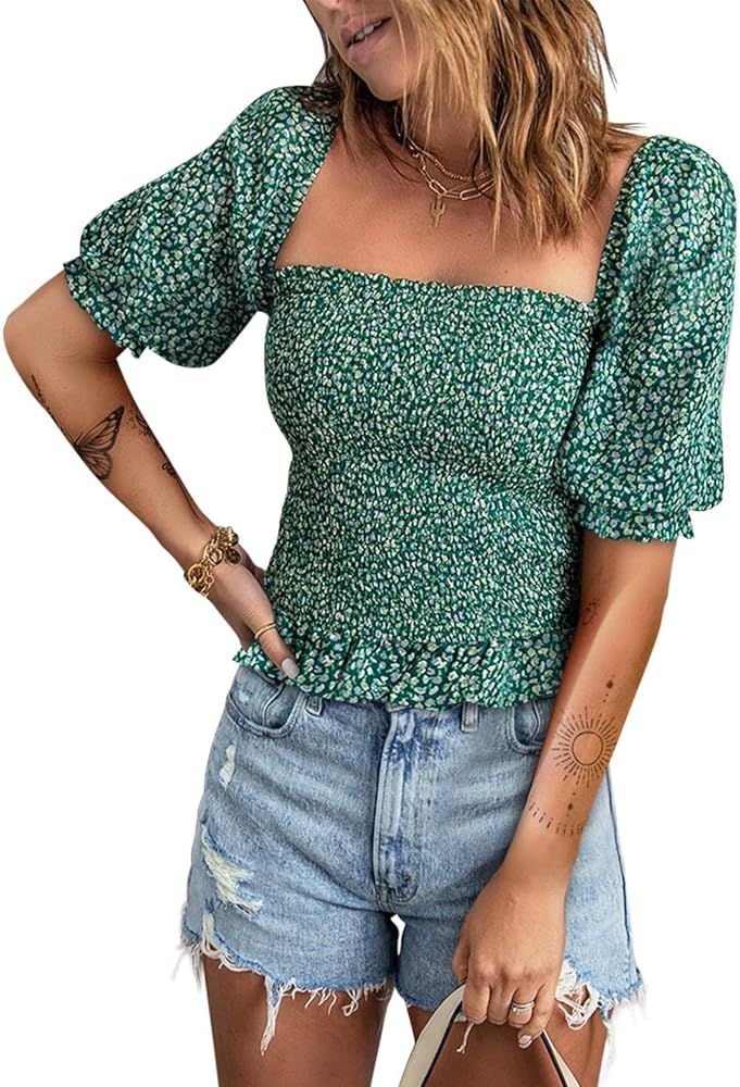Acelitt Women's Puff Short Sleeve Peplum Top V Neck Smocked Blouses Dressy Shirt | Amazon (US)
